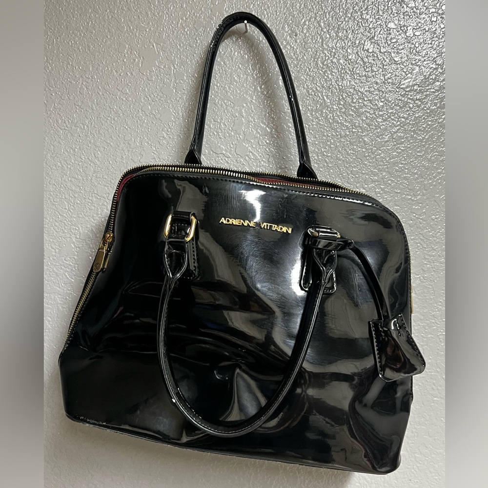 Adrienne Vittadini Black Satchel with Glossy Finish, Preowned